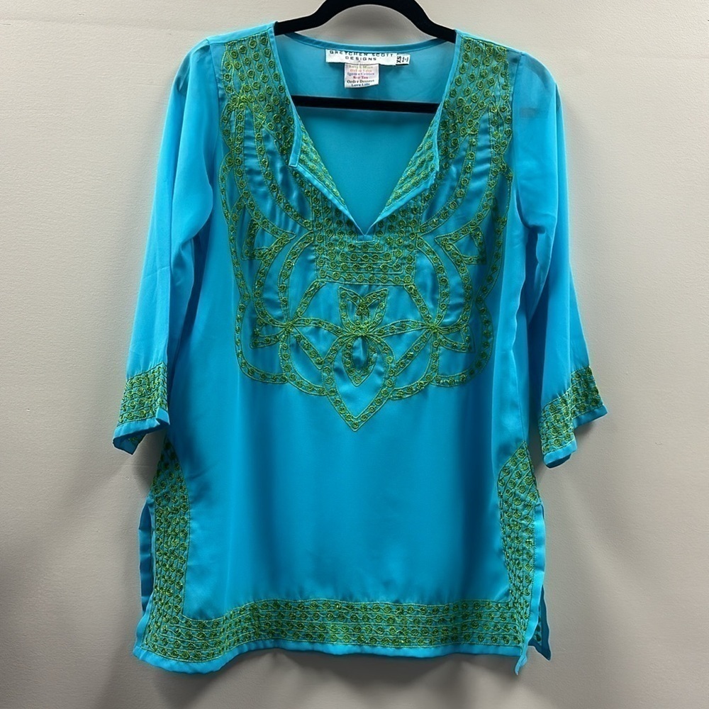 Gretchen Scott Designs Sheer Embroidered Tunic/Swim Coverup Blue & Green Size XS